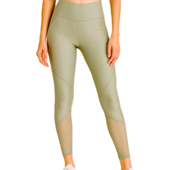 Kimberly High Waist Sage Green Shiny Mesh Yoga Leggings - Picture 1 of 11